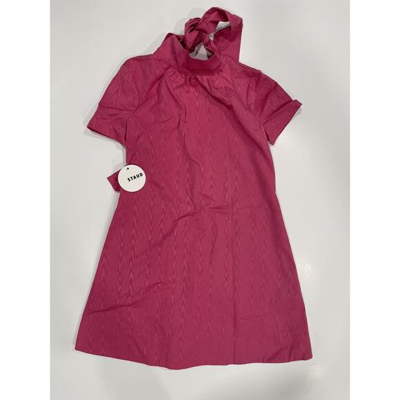 Staud Women Ilana Bow Tie Mock Neck Short Sleeve Tailored Mini Dress Lollipop XS - Picture 1 of 3